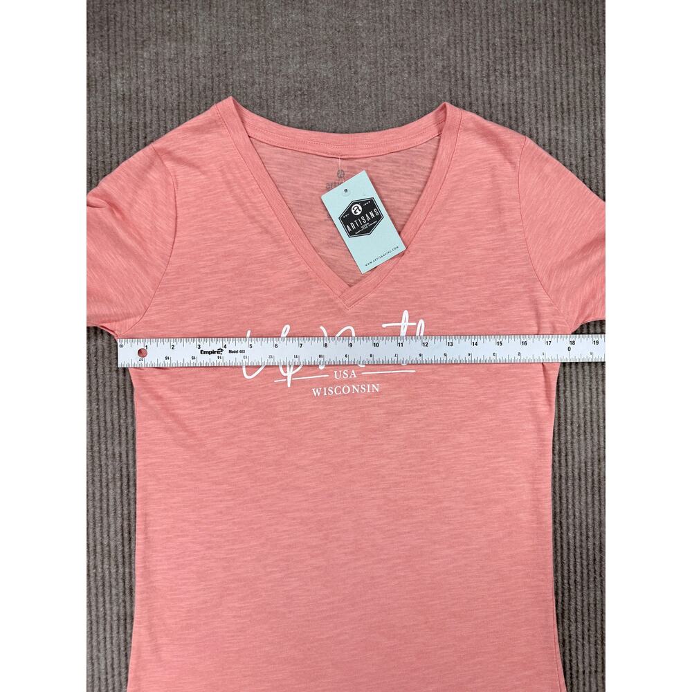 Artisans Up North Wisconsin V-Neck T-Shirt Peach Pink Slub Knit Large NWT - Picture 7 of 9